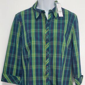 NEW YORK & COMPANY, 7th Avenue Design Studio, Women Blue Green Gold Plaid Size M